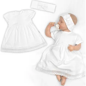 Kojenecké oblečení Baby Nellys Luxusní šatičky s krajkou SOFIA, krátkým rukávek + čelenka ,2D sada, bíle