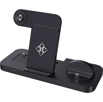 5v1 skládací bezdrátový stojánek pro iPhone / Apple Watch s USB-C a 2x Lightning konektorem pro AirPods - 15W - černý