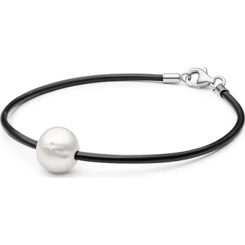 Náramek ANNA PERLY Dámský kožený náramek s bílou sladkovodní perlou a rhodiovaným stříbrem