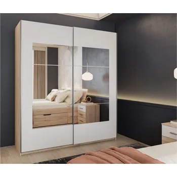 Šatní skříň Skříň s posuvnými dveřmi se zrcadlem BETA dub San Remo/bílá šířka 180 cm