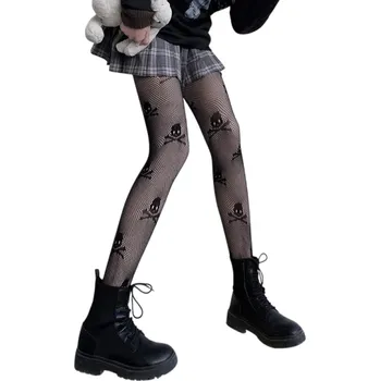 Dámské ponožky Dámské černé nylonové průhledné síťované punčocháče se vzorem lebky Stylové punčochy na Halloween Punk rock gotický outfit