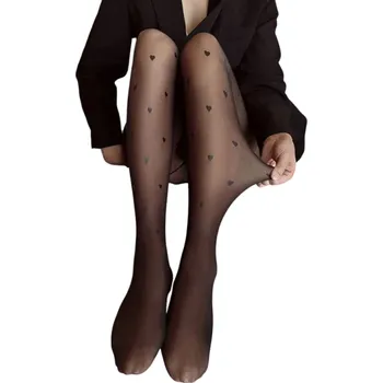 Dámské legíny Zimní černé dámské punčochové legíny se srdíčky Silné hřejivé punčocháče po kotníky do 0–10 °C Elegantní zimní punčochy do města