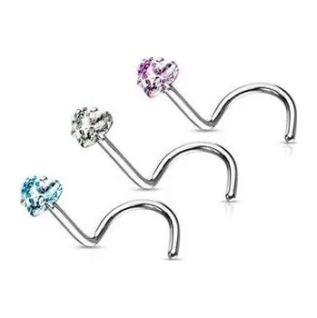 Piercing N0139C Zahnutý piercing do nosu srdíčko - srdce - čirá