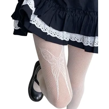 Dámské ponožky Dámské průsvitné síťované punčochy s velkým motýlem Elegantní černé punčochové kalhoty Síťovina Romantický motiv pro večerní outfit bílá