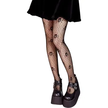 Dámské ponožky Dámské černé nylonové průhledné síťované punčocháče s puntíky a lebkami Sexy silonky na Halloween Gotický styl Rockový outfit