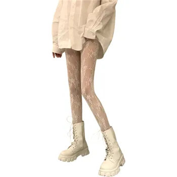 Dámské ponožky Dámské síťované punčochy se vzorem květin Elegantní květinové síťované punčochové kalhoty Sexy prodyšné punčochy na večer i denní nošení bílá
