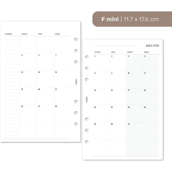 Kancelářské potřeby Fleppi Náplň do diáře - Měsíční přehledy 2026 - měsíce zvlášť Vyberte velikost náplně: F mini