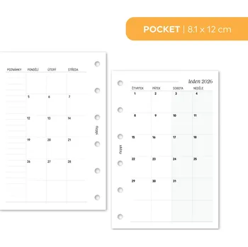 Diář Fleppi Náplň do diáře - Měsíční přehledy 2026 - měsíce zvlášť Vyberte velikost náplně: Pocket