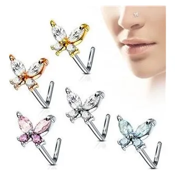 Piercing N0082-P Zahnutý piercing do nosu - motýlek - růžová