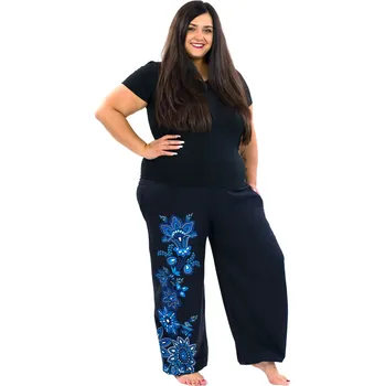 Dámské kalhoty Himalife Kalhoty Tahira - černá s modrou a bílou Velikost: XXL/3XL - Móda pro plnoštíhlé, Oblečení nadměrné velikosti