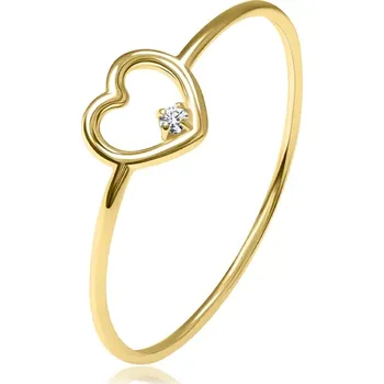 Prsten Prsten ze žlutého 14K zlata - srdce s čirým briliantem, úzká ramena - Velikost: 51