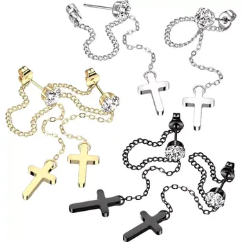 Náušnice Náušnice z chirurgické oceli - řetízek, křížek a čiré zirkony - Barva: Zlatá