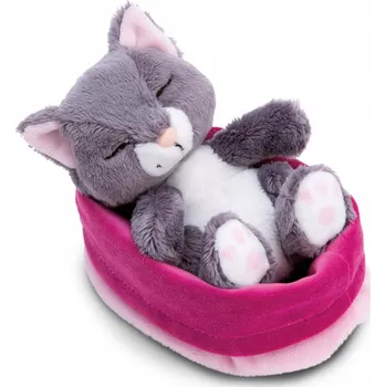 plyšák NICI PLYŠOVÁ HRAČKA SLEEPING PETS ŠEDÁ KOČKA V RŮŽOVÉM KOŠÍKU 12CM