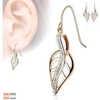 Náušnice Ocelové náušnice, vyřezávaný list se zvlněnou linií z čirých zirkonů, háčky - Barva: Stříbrná
