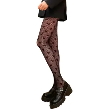 Dámské ponožky Dámské černé průsvitné síťované punčochy s malými srdíčky Elegantní punčochové kalhoty Sexy síťovina Jemný romantický vzor