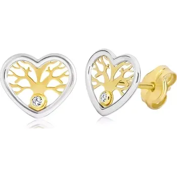 Náušnice Náušnice ze zlata 585 - dvoubarevné srdce se stromem života a zirkonem