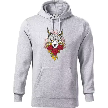 Pánská mikina Rys s červenými růžemi (Pecka design) - Mikina pánská Cape s kapucí - XL ( Světlešedý Melír )