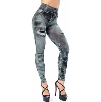 Dámské legíny Dámské push-up legíny s potiskem džínoviny Vysoký pas Legíny s efektem džínů Tvarující legíny Pohodlné elastické kalhoty na běžné nošení šedá XS