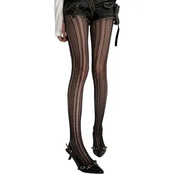 Dámské ponožky Dámské průhledné punčocháče s pleteným vzorem Elegantní punčochové kalhoty Módní průsvitné punčochy s ozdobným vzorem na nohou černá