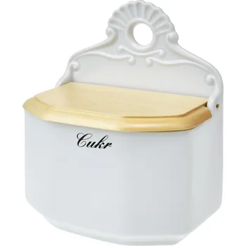 Nádobí Český porcelán, Dubí Slánka / dóza závěsná se dřevěným víčkem "CUKR" - 700 ml