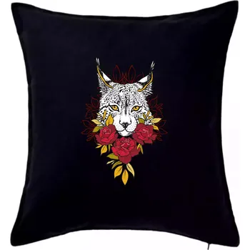 Polštář Rys s červenými růžemi (Pecka design) - Polštář 50x50 - 50x50 - Pouze potah ( Černá )