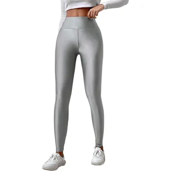 Dámské legíny Dámské lesklé těsné legíny s vysokým pasem Elastické módní legíny na cvičení i volný čas Přiléhavé kalhoty Moderní sportovní styl šedá S