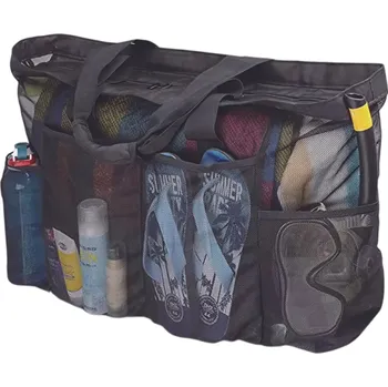 Síťovaná plážová taška 60x45x22 cm Extra velká taška z nylonu Prodyšná přenosná taška se zipem a kapsami Velkokapacitní úložná taška