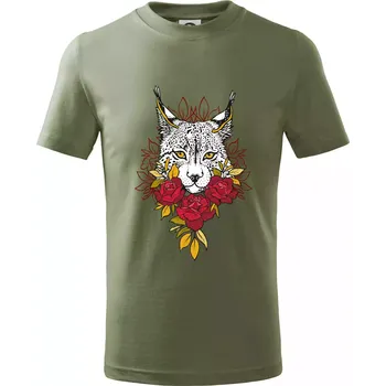 Dětská móda Rys s červenými růžemi (Pecka design) - Tričko dětské bavlněné - 104-110cm / 3-4 roky ( Khaki )