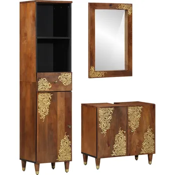 Koupelnový nábytek 3dílná sada koupelnového nábytku z masivního mangového dřeva, Koupelnová skříň 62x33x58 cm z masivního dřeva, Koupelnové zrcadlo 50x70x3 cm z masivního dřeva, Komoda 38x33x160 cm z masivního dřeva Hnědá3310148