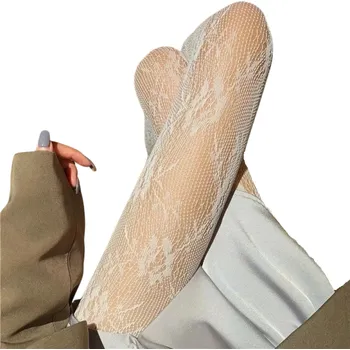 Dámské ponožky Dámské krajkové punčochy se vzorem květin Elegantní průhledné punčochy s květinovou krajkou Romantické elastické punčochové kalhoty bílá