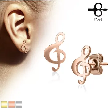Náušnice Ocelové puzetové náušnice s hudebním motivem - houslový klíč, různé barvy - Barva: Měděná