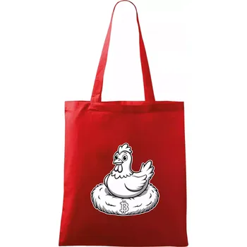 Nákupní taška Kuře sedící na bitcoinovém hnízdě - Taška bavlněná - 42 x 38 cm ( Červená )