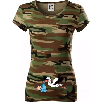 Dámské tričko Čáp a miminko - kluk (Hana-creative) - Dámské maskáčové triko - XS ( Hnědý maskáč )