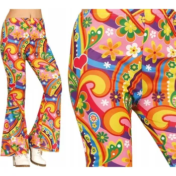 Dámské kalhoty DÁMSKÉ DISCO KALHOTY 70. LÉTA BAREVNÉ KVĚTY HIPPIE M