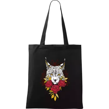 Nákupní taška Rys s červenými růžemi (Pecka design) - Taška bavlněná - 42 x 38 cm ( Černá )