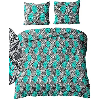 Povlečení 4sleep Krepové povlečení 140 × 200 + 70 × 90 cm - Listy draceny tyrkys na černém