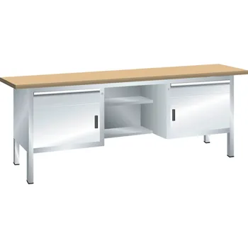 Dílenský stůl Pracovní stůl Lista, š 2000 mm, buková pracovní deska, 2 dvířka, 4 zásuvek, světle šedý