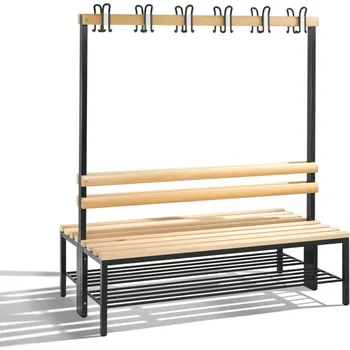 Šatní lavice Basic, oboustranná, masivní sedák z bukových lišt, š 1500 mm, rošt na boty