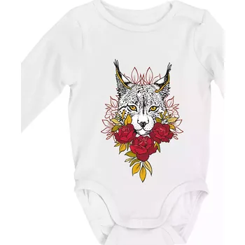 Dětská móda Rys s červenými růžemi (Pecka design) - Body kojenecké s dlouhým rukávem - Dlouhý r. do 3 měs ( Bílá )