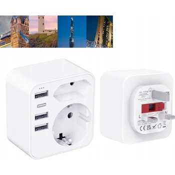 Elektrická zásuvka CESTOVNÍ ADAPTÉR EU do UK, ZÁSUVKA S 3 USB PORTY + 1 USB-C PORTEM 6 v 1