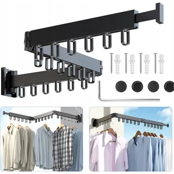 Věšák SKLÁDACÍ VĚŠÁK NA OBLEČENÍ VYSOUVACÍ TRI-FOLD NA ZEĎ BALKON 120CM ČERNÝ