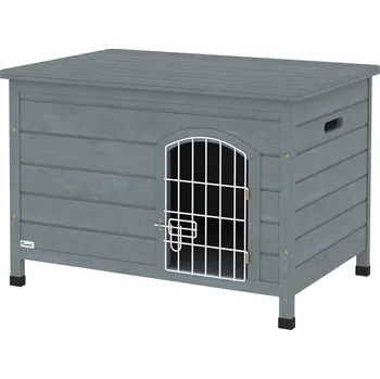 Bouda pro psa PawHut Psí bouda s dvířky, venkovní, vodotěsná, šedá, jedlová, 80 x 55 x 53,5 cm