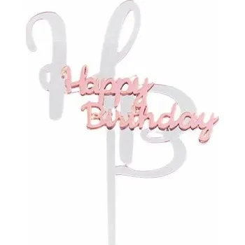 Jedlá dekorace na dort Dortisimo Zápich do dortu stříbrno-růžový Happy Birthday