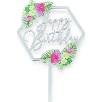 Jedlá dekorace na dort Dortisimo Zápich do dortu stříbrný Happy Birthday v rámečku s květinami