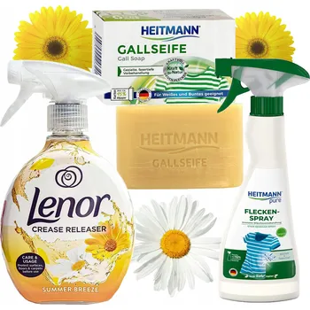 Odstraňovač skvrn Tekutá žehlička ve spreji Lenor 500ml + Odstraňovač skvrn Heitmann 250ml + Žlučové mýdlo