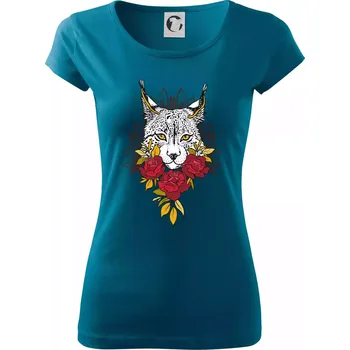 Dámské tričko Rys s červenými růžemi (Pecka design) - Dámské triko Pure - M ( Petrolejová )