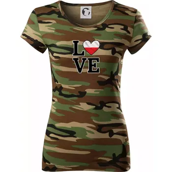 Dámské tričko Love Polská vlajka - Dámské maskáčové triko - L ( Hnědý maskáč )