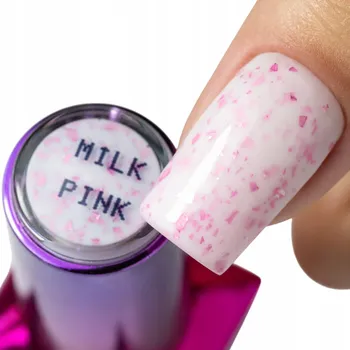 Lak na nehty Hybridní báze MOLLYLAC 10g Flakes Rubber Base Milk&Pink Mléčná s vločkami