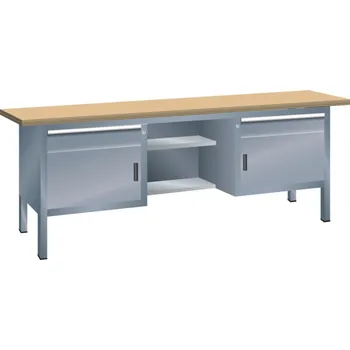 Dílenský stůl Pracovní stůl Lista, š 2000 mm, multiplexní pracovní deska, 2 dvířka, 4 zásuvek, šedá metalíza