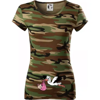 Dámské tričko Čáp a miminko - holka (Hana-creative) - Dámské maskáčové triko - XS ( Hnědý maskáč )